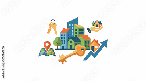 A colorful illustration of a neighborhood with houses, buildings, and keys