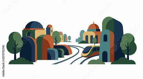 A colorful illustration of a futuristic cityscape with a train and trees