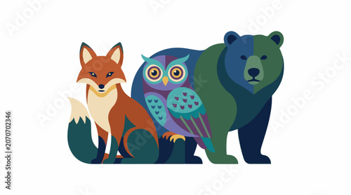 A colorful illustration of a fox, owl, and bear together