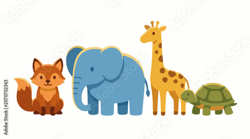 A colorful illustration of a fox, elephant, giraffe, and turtle in a row