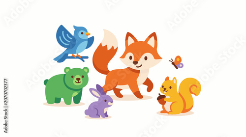 A colorful illustration of a fox, bear, bird, rabbit, squirrel, and butterfly together