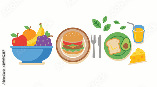 A colorful illustration of a bowl of fruit, a hamburger, and a plate of toast with avocado