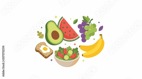 A colorful arrangement of fresh fruits and healthy food on a white background
