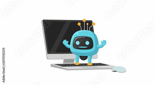 A cheerful blue robot with antennae standing on a computer keyboard