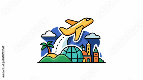 A cartoon airplane flies over a globe, cityscape, and palm tree