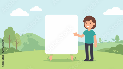 A cartoon woman points to a large white sign in a green landscape