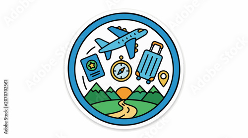 A blue-bordered circular graphic with a plane, luggage, and travel icons