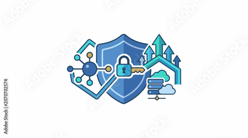 A blue shield with a key and various security symbols around it