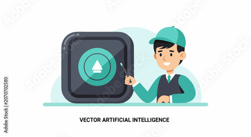 A cartoon man in a teal cap and vest points to a large smartphone with a triangle icon