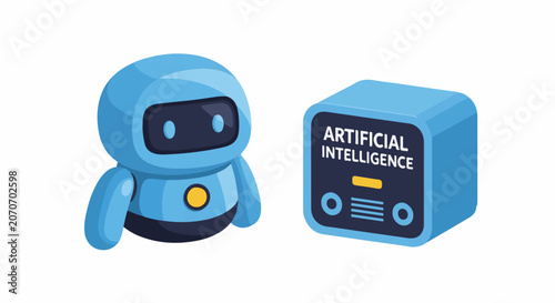 A blue robot and an artificial intelligence box on a white background