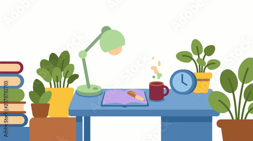 A blue desk with a lamp, mug, clock, books, and plants on it