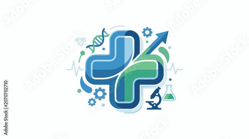 A blue and green medical symbol with various science and health icons around it