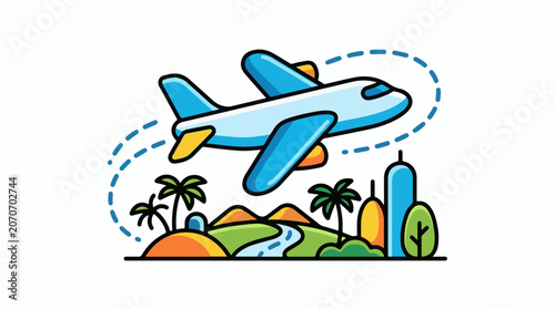 A blue airplane flies over a colorful tropical landscape