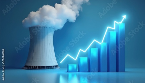Cooling tower emits steam. Blue bar chart shows rising profits. Neon arrow points up indicating business growth. Nuclear energy industry increases production.