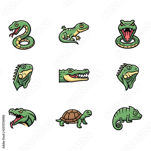 Cute Cartoon Reptiles Icon Set: Snake, Lizard, Crocodile, Turtle, Iguana, Chameleon