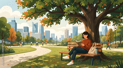 A tranquil scene depicting an individual enjoying a quiet moment of leisure by reading a book beneath the shade of a lush tree  The image captures a sense of peace relaxation