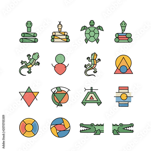 Geometric Reptile and Animal Icons Set: Snake, Lizard, Turtle, Crocodile, Abstract Shapes