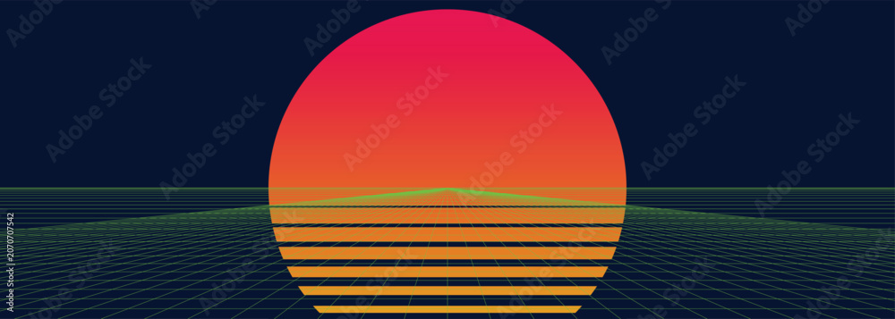 Quadro em tela Retro 80s synthwave sunset background