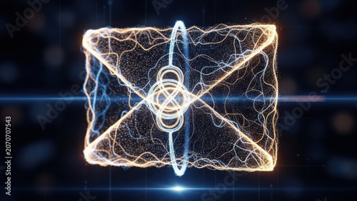 A futuristic, glowing envelope with intricate, electrified patterns and a central atomic symbol.
