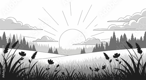 Fotografía Black and white sunrise landscape scene.