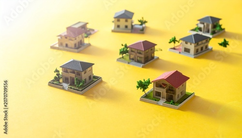 Miniature Model Houses with Trees on Yellow Background Showcasing Urban Planning, Real Estate, and Conceptual Photography