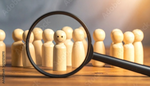 Magnified Wooden Figurine with Tie Among Group Showcasing Recruitment, Individuality, and Conceptual Photography Design