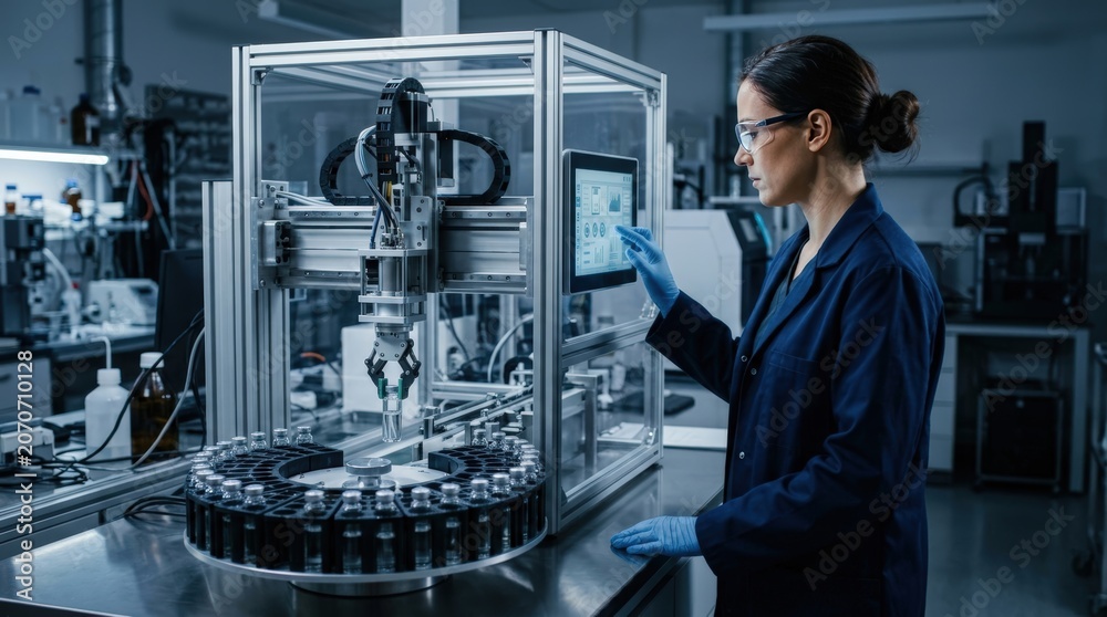 Fototapeta premium Lab Technician Operating Automated Sample Sorting Machine