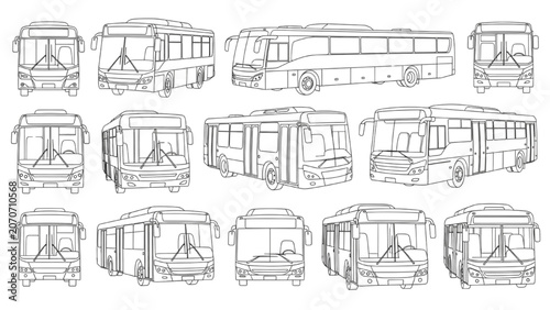 Tableau sur toile 2D AutoCAD Vector illustrations of various bus designs and views