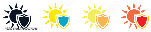 Sun protection shield icons set for summer skincare and ultraviolet ray safety graphic design
