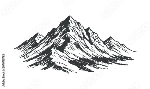 Hand Drawn Mountain Range Black and White Vector Illustration.