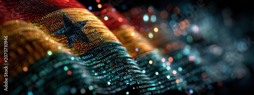 Ghana flag made of digital lines with colorful patterns and lights at night