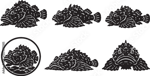 Photos Freshwater Stonefish Silhouette Icon Set Black Vector Ambush Fish Collection