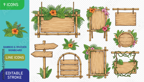 Detailed tropical bamboo and wooden signboards with hibiscus flowers and lush jungle foliage