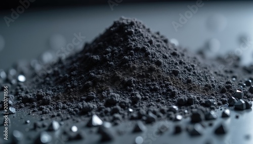 Fine tungsten carbide powder piled up with sharp, reflective particles scattered on surface. Material texture seen at macro level. Grey metallic dust for industrial applications.