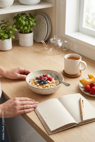 Healthy breakfast routine with oatmeal, fruit, tea, and open journal by window