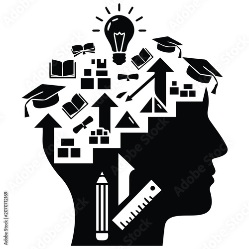 Canvastavla Human head profile vector silhouette illustration filled with educational icons and ideas
