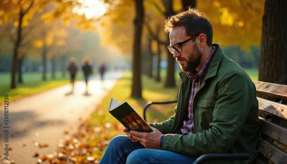 Obraz premium Man with glasses reads book on park bench in warm autumn sunlight. Fallen leaves carpet the ground as people stroll on path. Peaceful scene promotes quiet contemplation and learning.