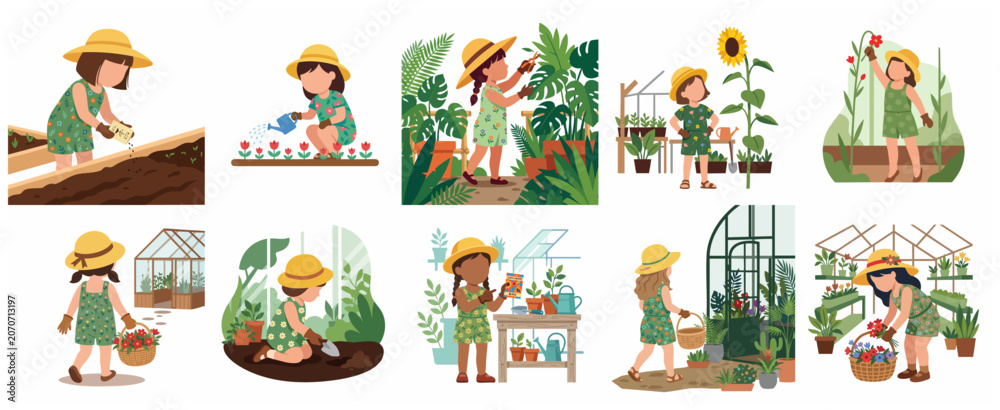 Naklejka premium Cute little girls gardening set, young kids planting flowers, watering plants and working in greenhouse vector illustrations