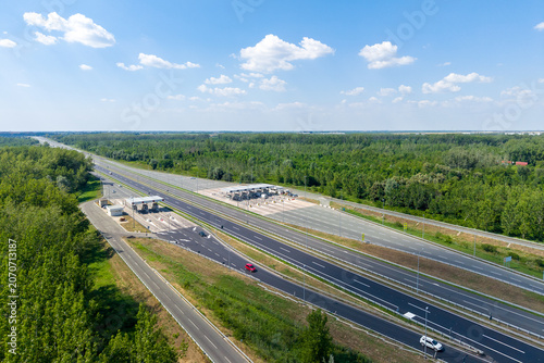 Highway toll collection point from above during summer