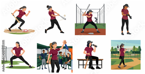 Collection of Female Baseball Player Illustrations Featuring Action Poses and Sports Activities