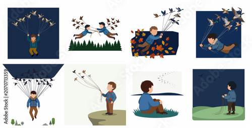 Tableau sur toile Whimsical illustration set of a young boy flying with migrating birds using stri