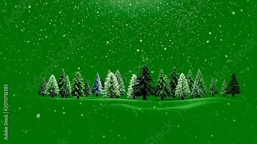 Snow falling over a row of pine trees on a green background