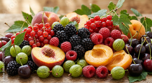 Vibrant 8K Fresh Summer Berries Stone Fruit Harvest with Peaches and Raspberries
