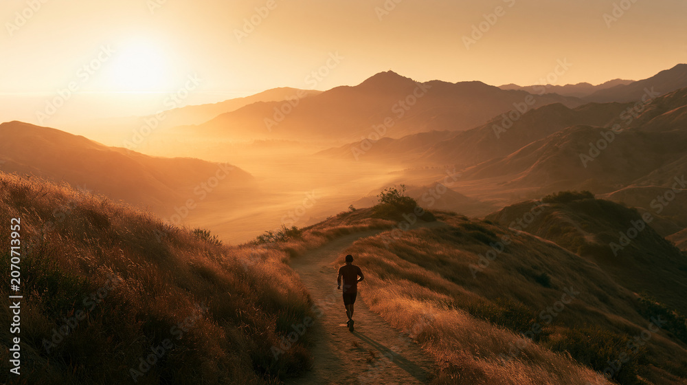 Obraz premium Runner corriendo en sendero de montaña al amanecer con paisaje natural y luz dorada