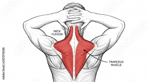 Anatomical illustration of trapezius muscle during neck flexion stretch