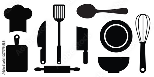 Obraz na plátně Kitchen Utensil Silhouette Set Vector Collection Frying Pan Knife Whisk Spatula