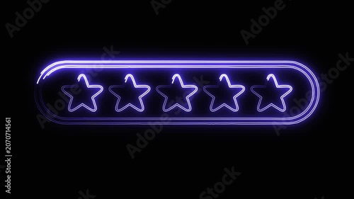 Five star rating with glowing blue neon light path effect on plain black background