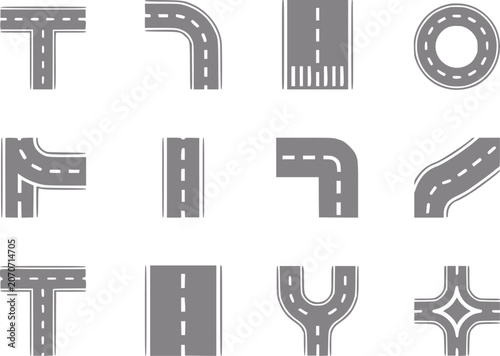 Foto Collection of stylized road intersections and curves, top-down view