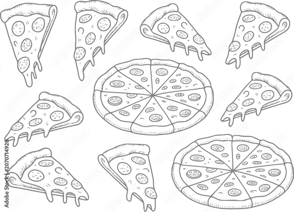 Naklejka premium Hand-drawn pepperoni pizza slices and whole pizzas in a pattern