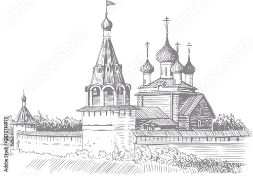 Obraz na plátne Of a russian orthodox monastery with onion domes and bell tower